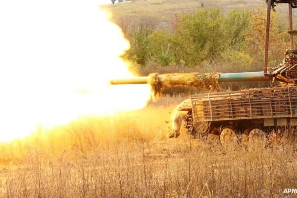 Ukrainian T-64 tank fitted with an anti-drone cope cage