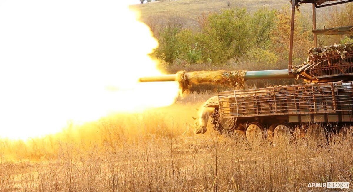 Ukrainian T-64 tank fitted with an anti-drone cope cage